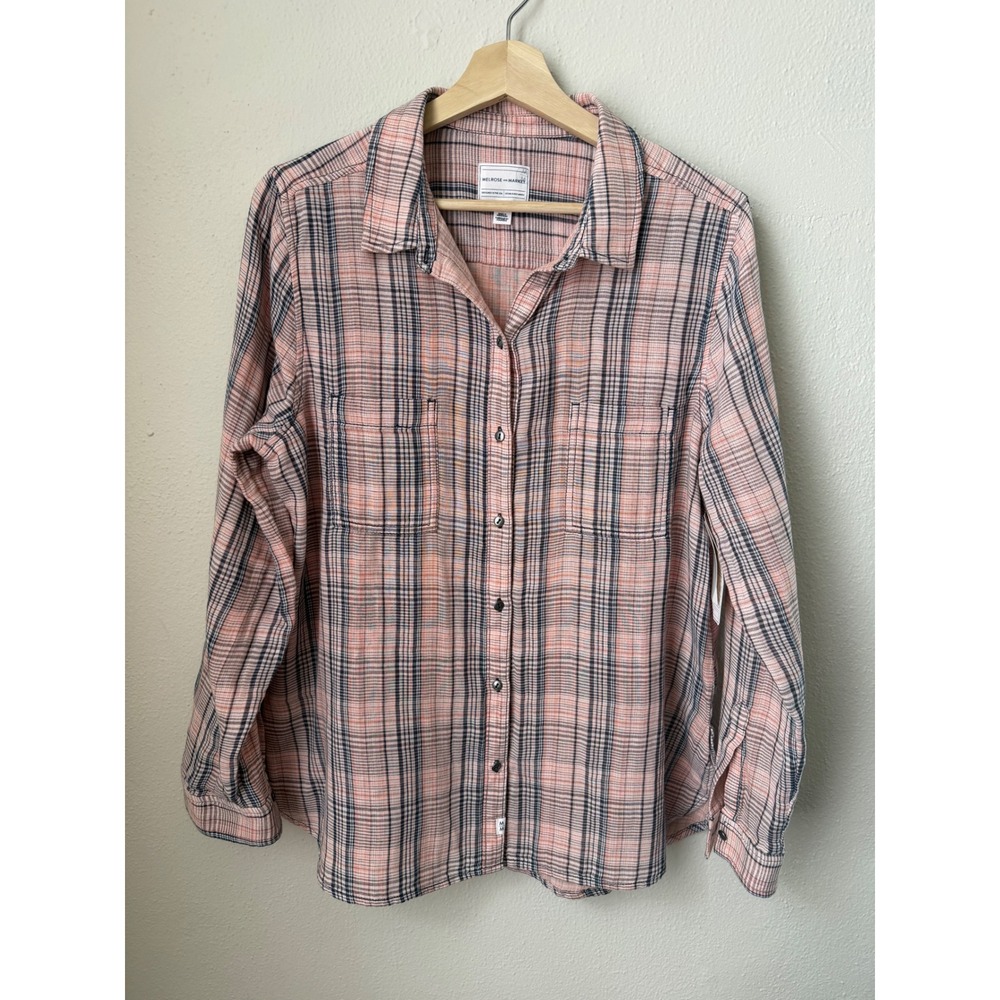 NWT Melrose and Market Coral Shrimp Plaid Cotton Button Down Shirt Large Petite